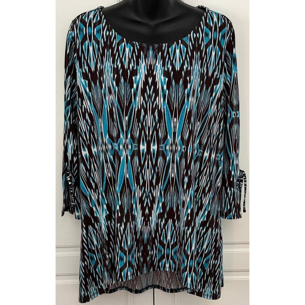 Belle by Kim Gravel Teal/Brown Abstract Print Blouse 3/4 Tie Sleeves Size L NWOT